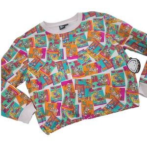 Tom & Jerry Sweatshirt Large Comic All Over Print Cartoon Fleece NWT Orange Pink